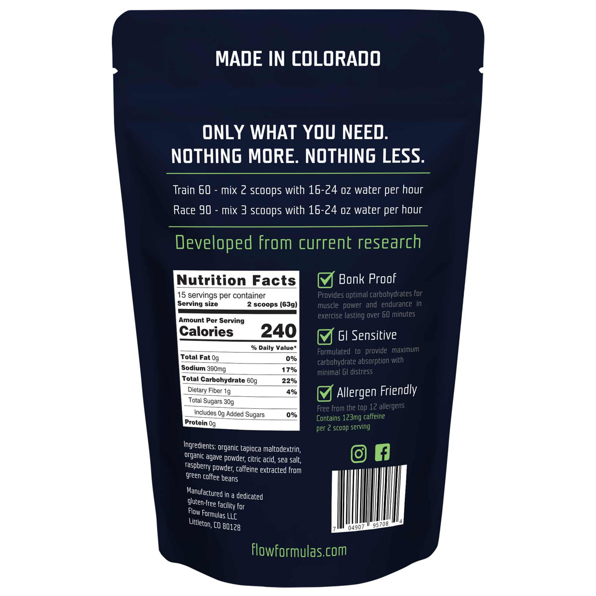 Caffeine Endurance Drink Mix 15 Serving Bag Flow Formulas