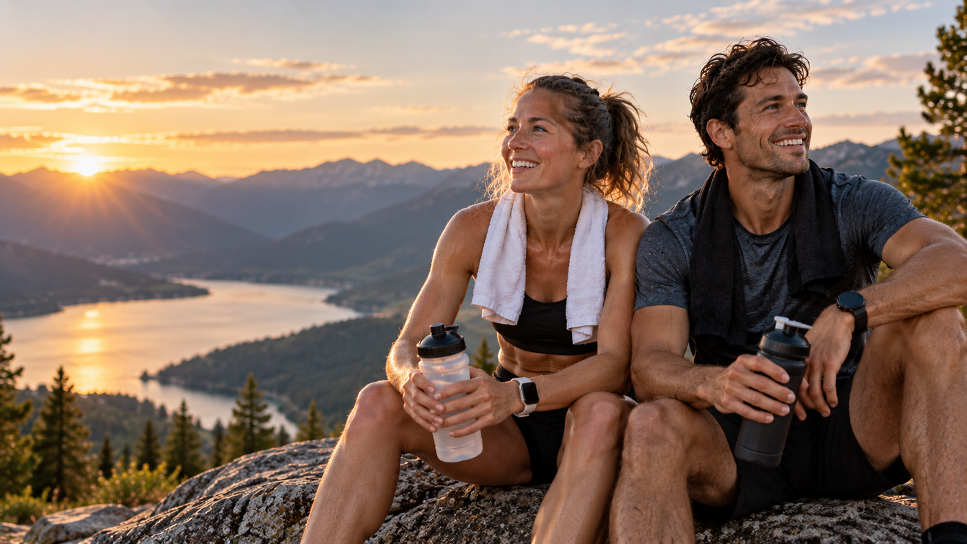 A man and a woman in athletic wear sit on a rock overlooking a scenic mountain lake at sunset. The woman has a white towel over her shoulders and holds a clear shaker bottle, while the man wears a dark gray t-shirt and black shorts and holds a dark shaker bottle.
