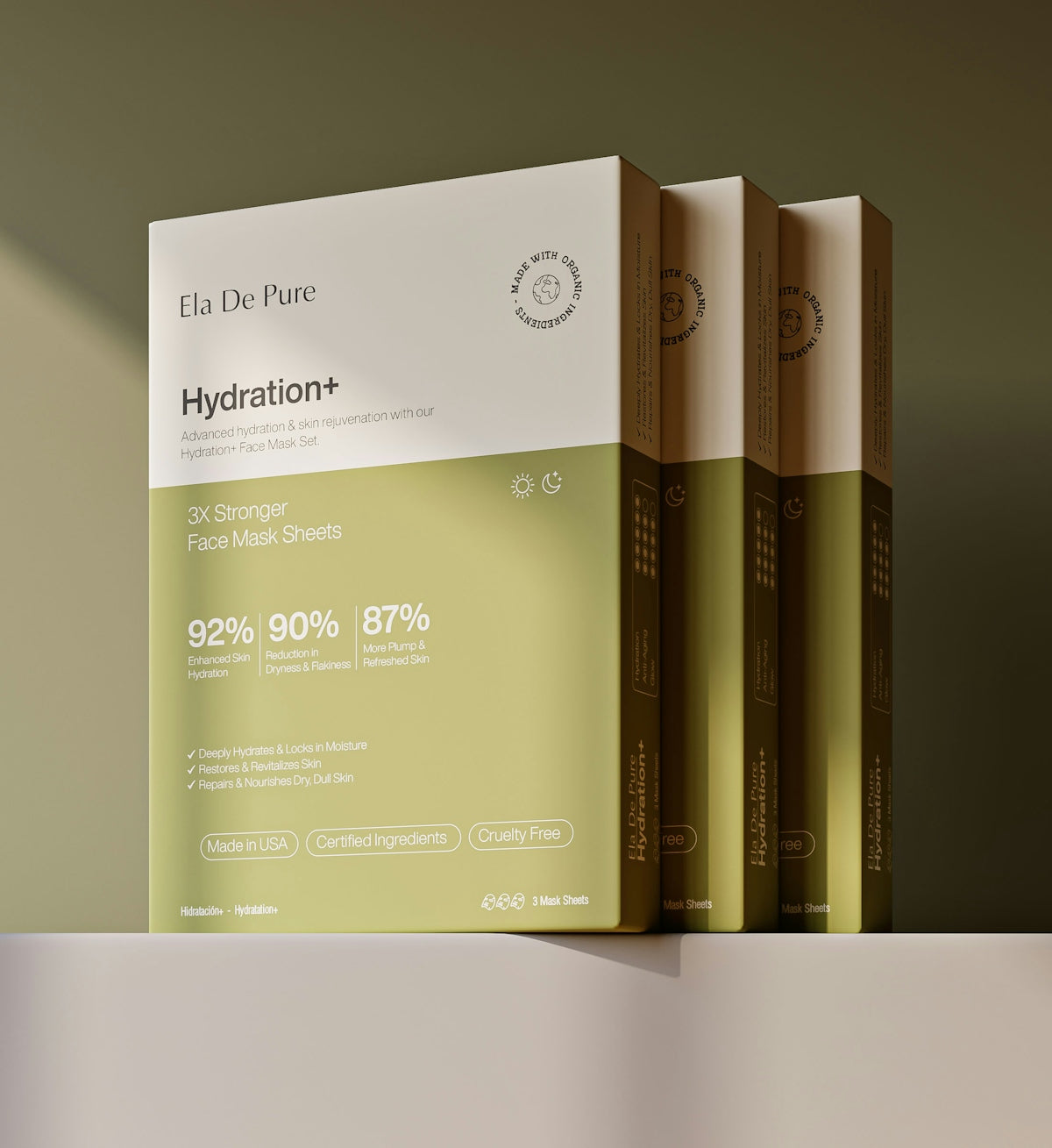 Facial mask sheets for hydration are shown.