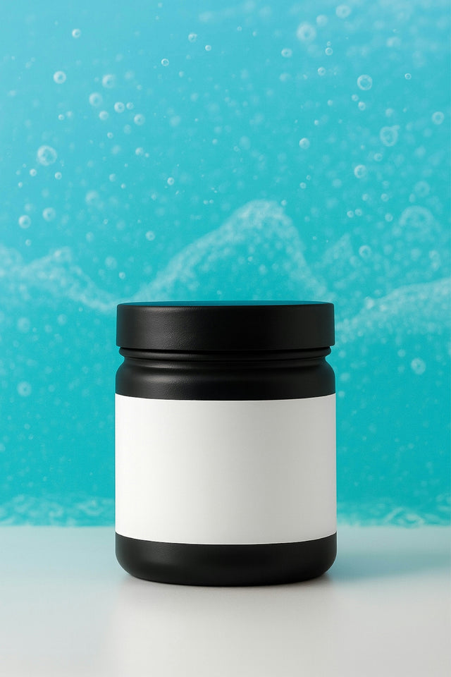 Black jar with white label on blue background