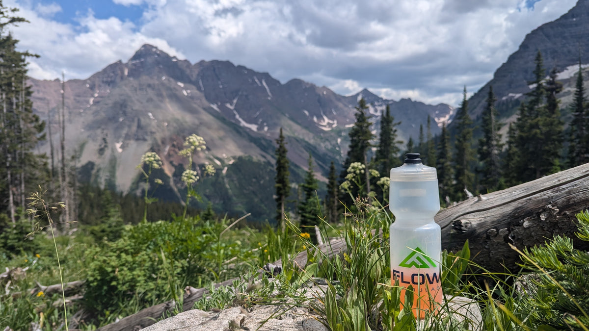 Flow bottle packed for a day of hiking outdoors