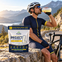 Concept image of a cyclist taking a drink beside a Project L pouch.