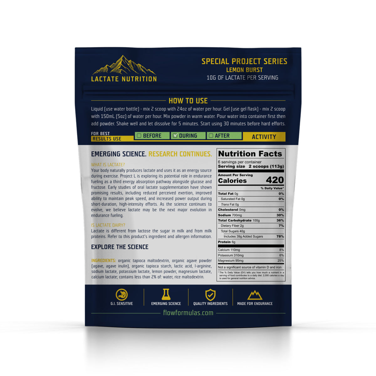 Project L Lemon Burst back label with nutrition facts, ingredients and directions.