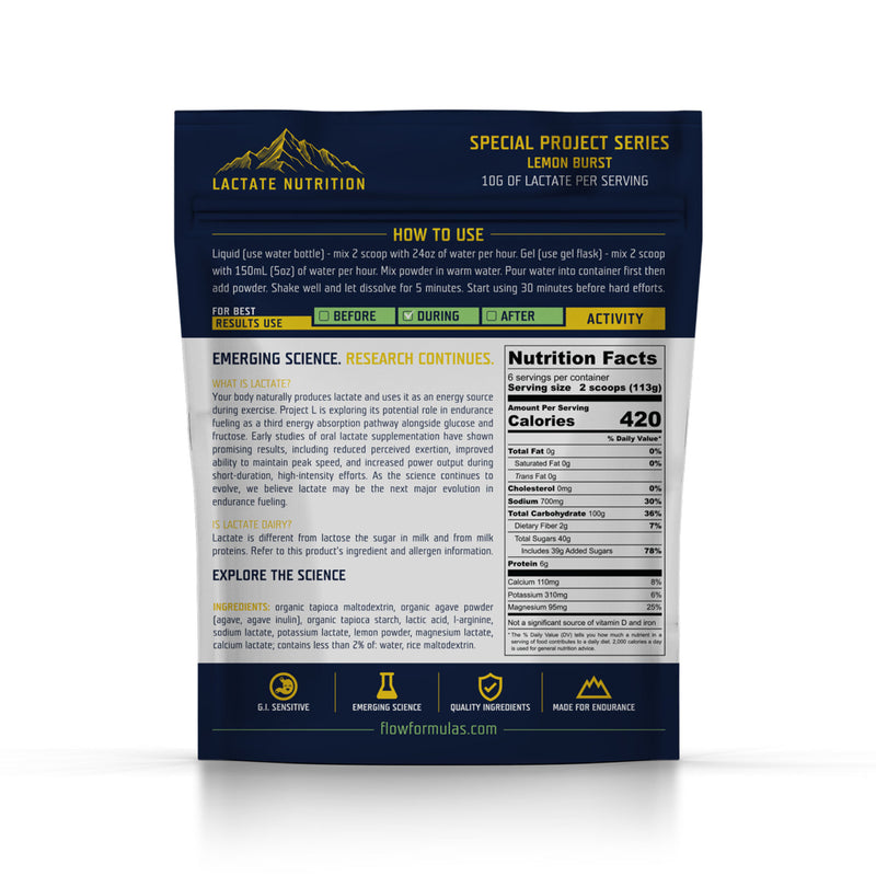 Project L back label, nutrition facts, ingredients and directions.