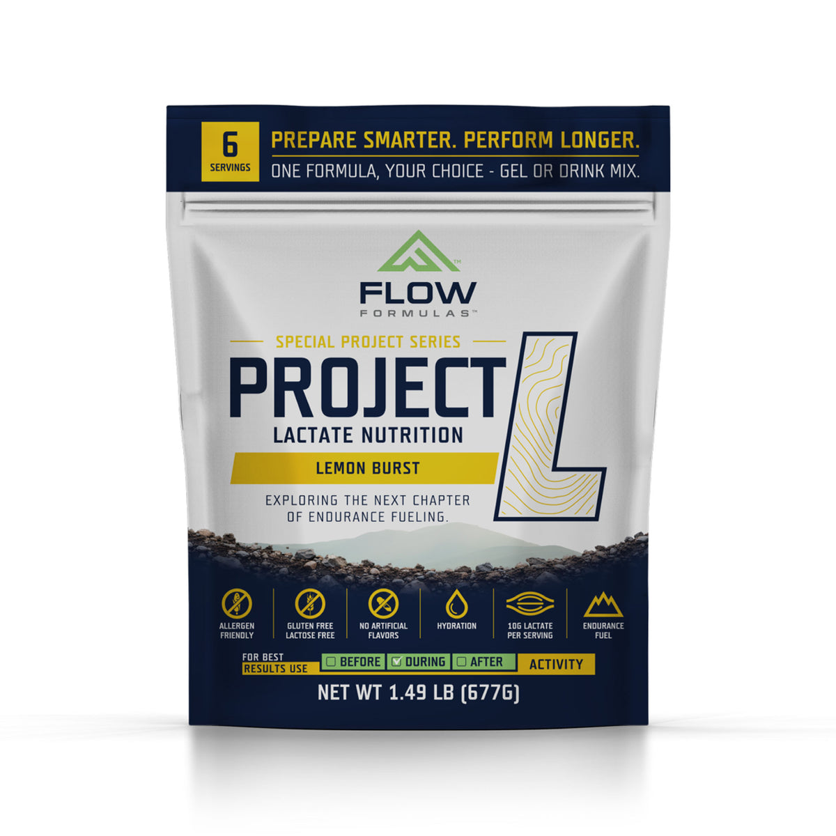Flow Formulas Project L Lactate Nutrition Lemon Burst six-serving pouch, front label.